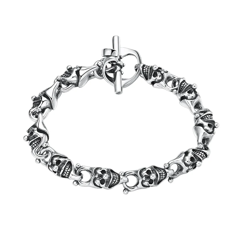 BOCAI S925 Sterling Silver Men's Retro Punk Clown-Skull Bamboo-Chain Bracelet Bangle Party Fashion Jewelry Wholesale