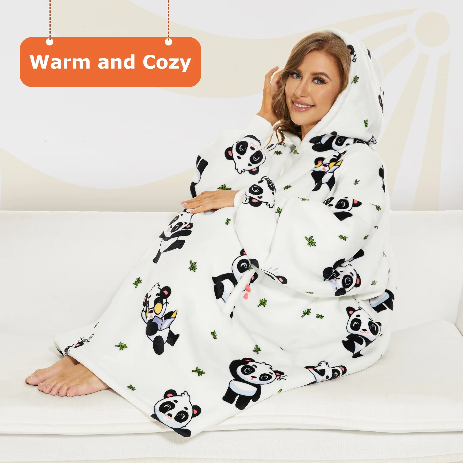 Original Factory Custom Panda Print Oversized Sherpa Adult Sweatshirt Wearable Mens Womens Hooded Hoodie Blanket