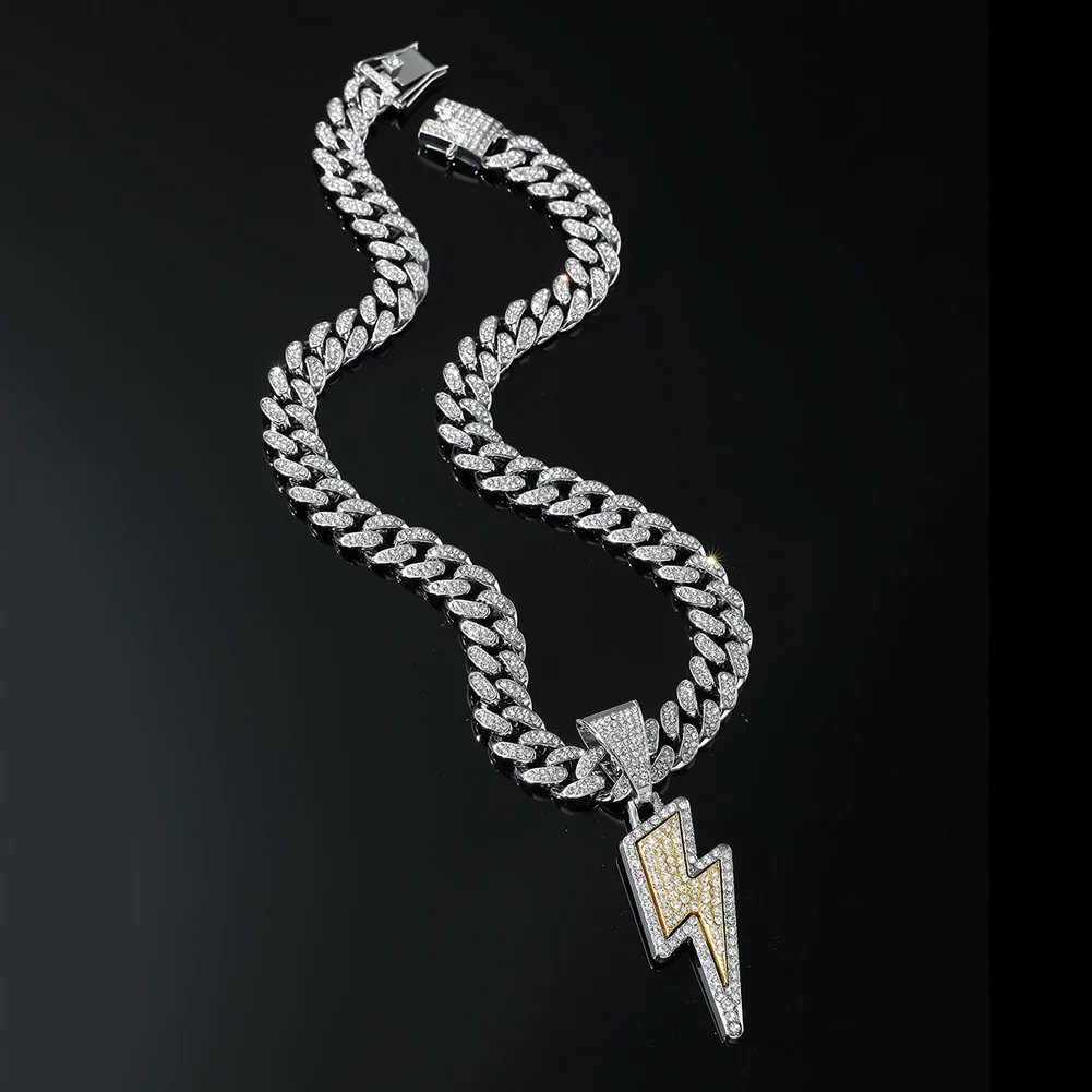 Colar cheio de diamante de liga de metal, colar masculino com pingente iluminação de hip hop