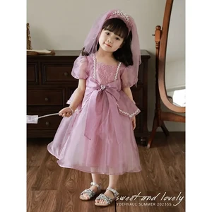 Purple Lace Patchwork 100% Cotton Lining Sweet Party Princess Dress for Girl Mesh Kids Children Chiffon Dress With 3D Bows