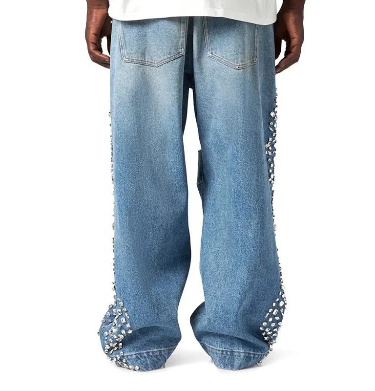 Salati Designer Y2K High Quality Wash Glitter Vintage Rhinestone Print Oversized Ripped Man Trousers Denim Pants Baggy Jeans Men gallery 4