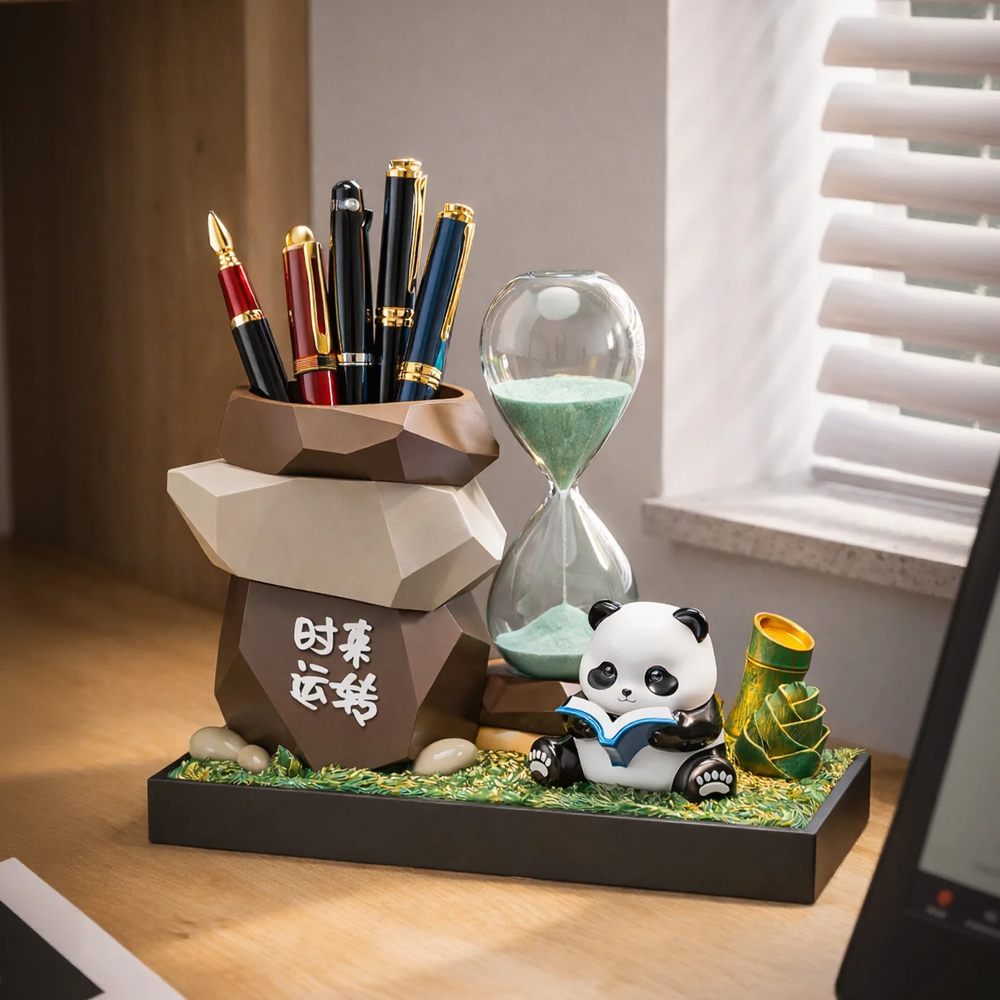 Panda Shaped Pen Holder with Hourglass Timer Cute Cartoon Style Home Office Desk Organizer Creative Decorative Storage Display