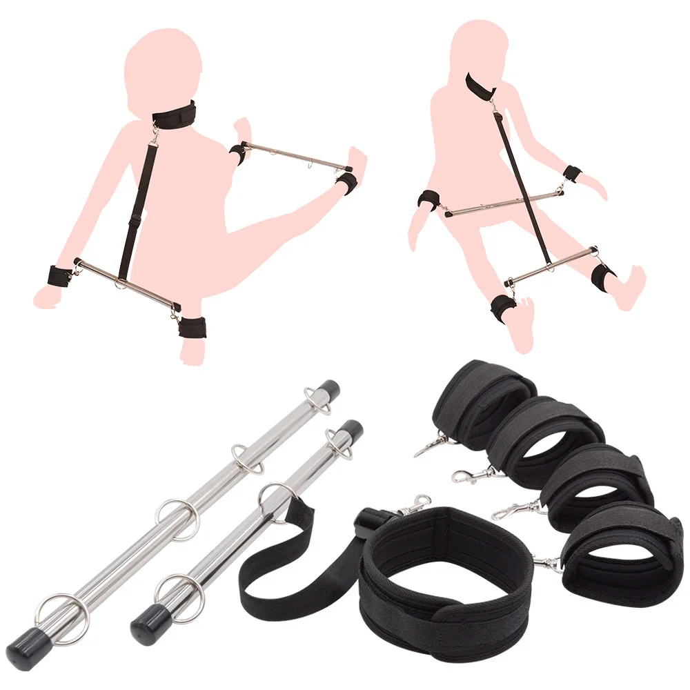 BDSM Training Tools Limb Bondage with Metal Bar Handcuffs Ankle Cuffs Hand Foot Restraint Adjustable Leg Spreader Bar for Sex