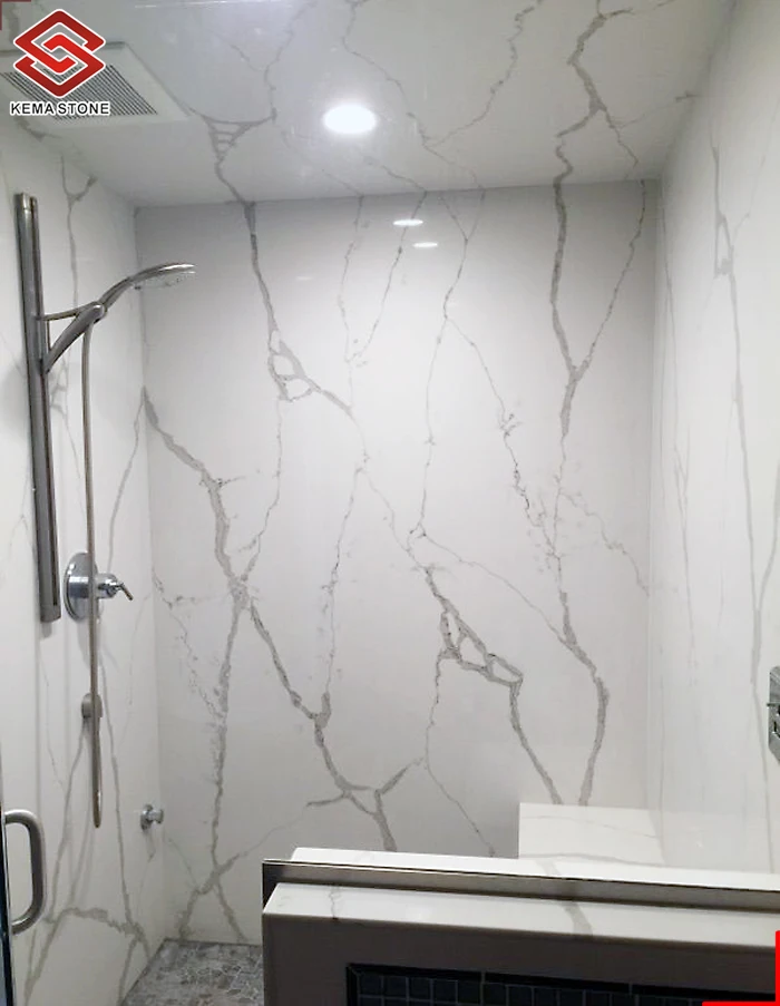 Artificial Calacatta White Quartz Stone Surrounds Wall Panel For Shower