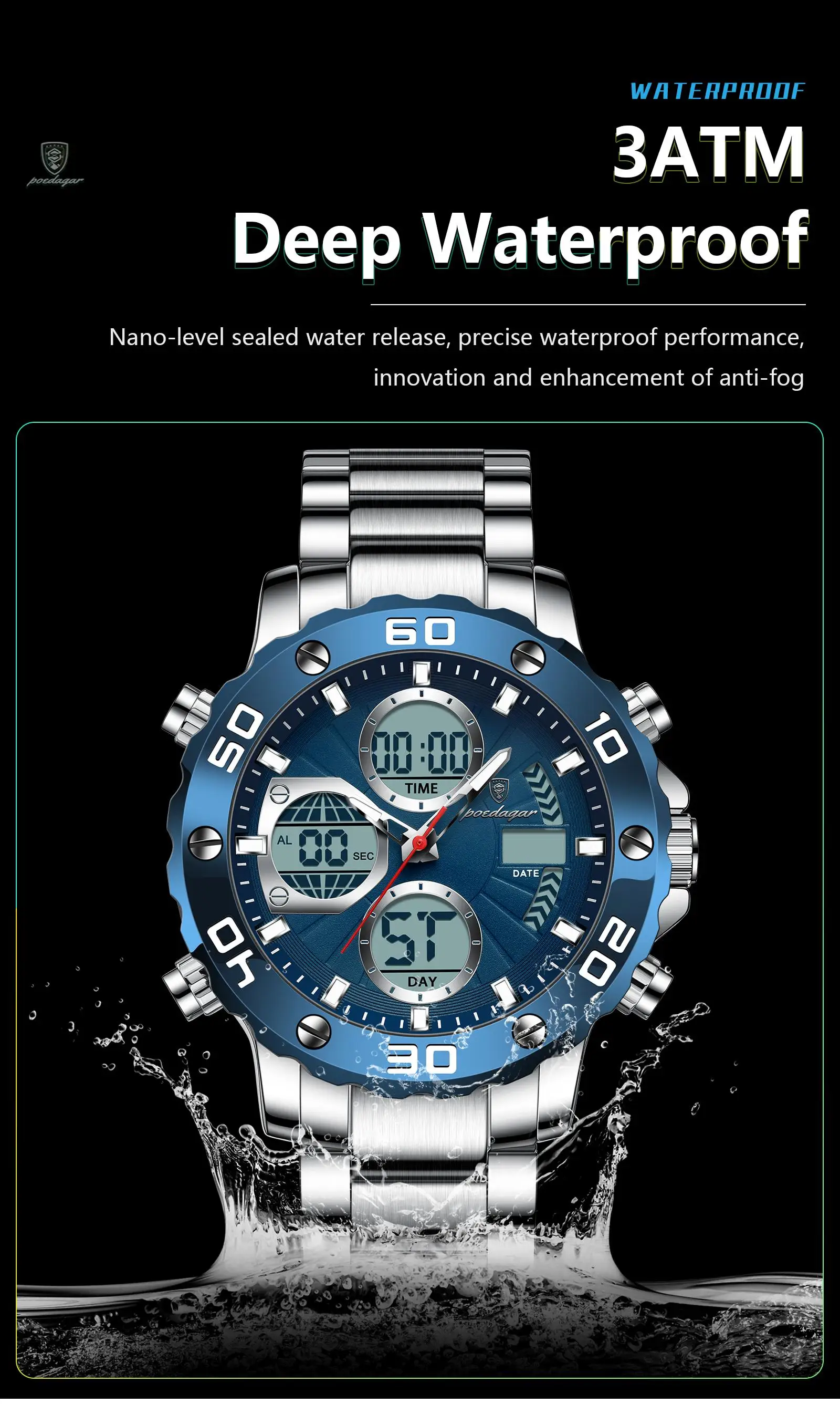 POEDAGAR E102 New Men Fashion Digital Quartz Movement Men Electronic Watches Led Dual  Display Luminous Stainless Watch for Male