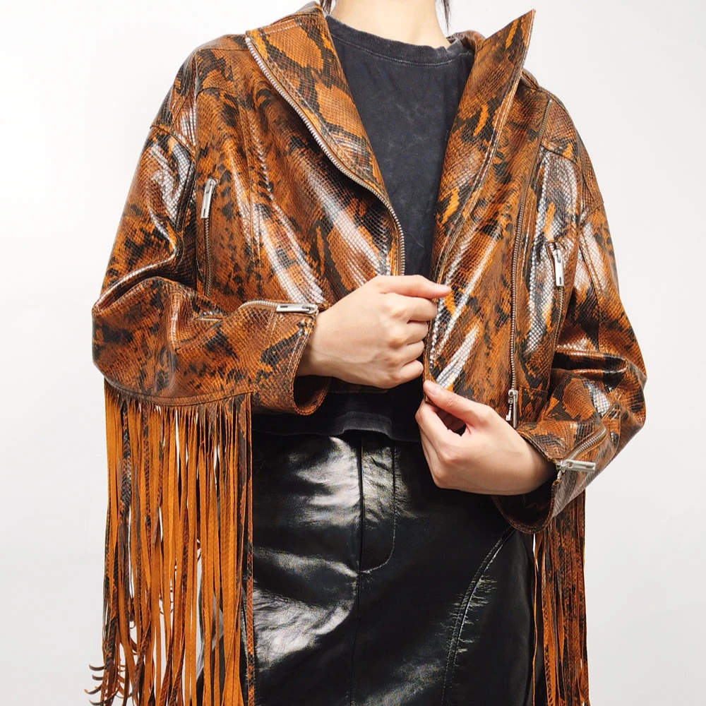 Woman's Faux PU Leather Fringe Jacket with Crocodile Skin Pattern