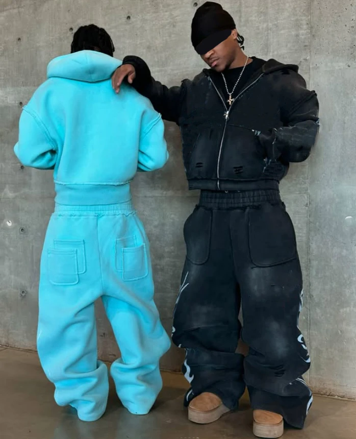 Streetwear Custom Printed Oversize Heavyweight Baggy Acid Wash Zip up Sweatpants and Hoodie Set Sweatsuit Tracksuit Men manufacture