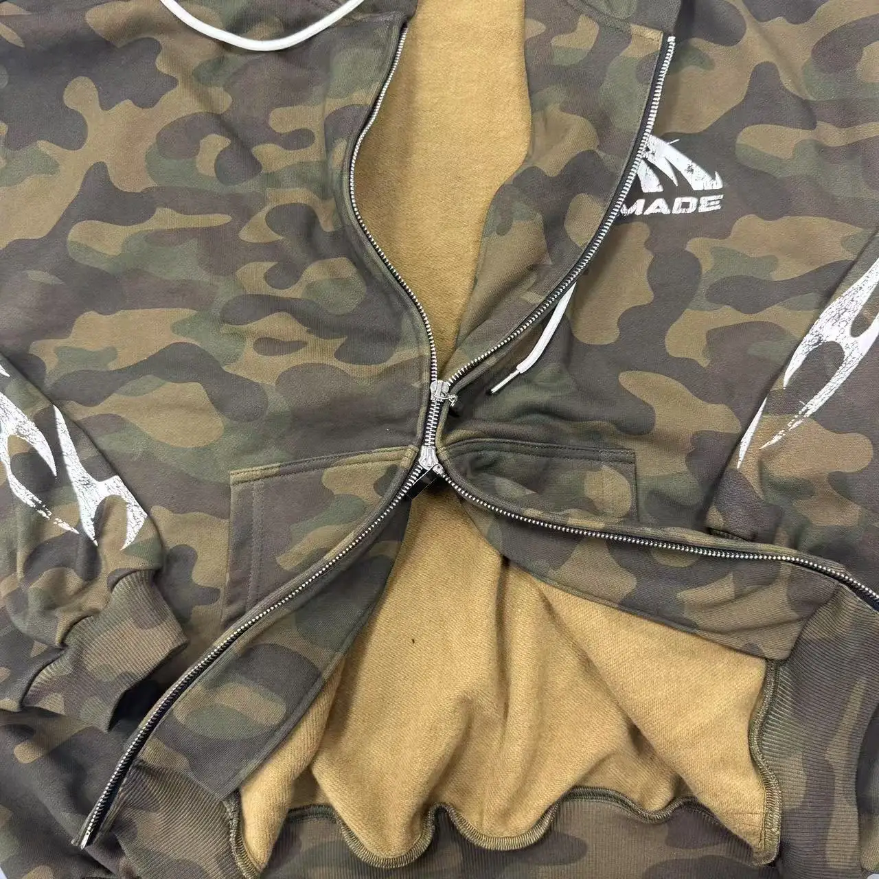 Zip up Custom Full 420 GSM Printing Camo Hoodie Heavy Boxy Cropped Fit Vintage Distress Embroidery Logo Oversized Men Hoodie gallery 4