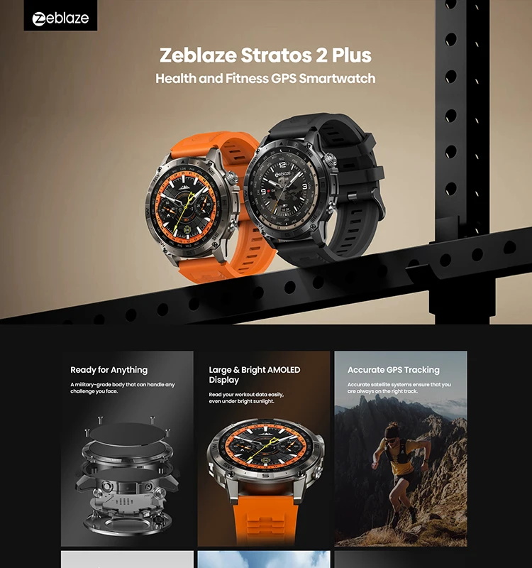 Zeblaze Stratos 2 Plus GPS Smart Watch 1.43'' AMOLED Display Compass Barometric Altimeter Bluetooth Phone Calls Smartwatch