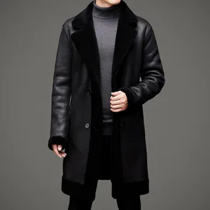 Wholesale Winter Fashion Windproof Overcoat Men Long Shearling Suede Leather Jacket