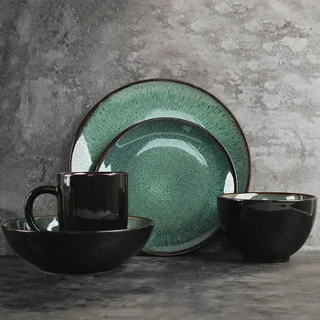 16pcs green reactive glaze ceramic dinner set for 4 people 2 tone stoneware dinner plate antique ceramic nativity plate sets