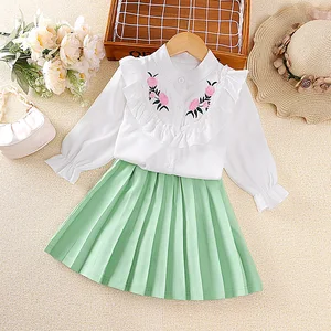 Autumn Korean Casual Girls Clothing Set Long Sleeve Blouse Pleated Skirt Lace Embroidery Floral Woolen Clothes for Kids