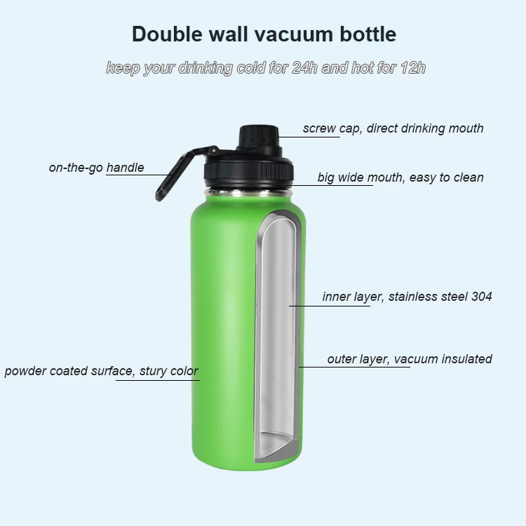 32oz stainless steel wide mouth metal bottles bpa free vacuum insulated hot and cold sports water bottles