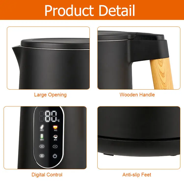 Digital Control Electric Water Kettle Led Digital Screen Smart Kettle Electric with Wooden Handle