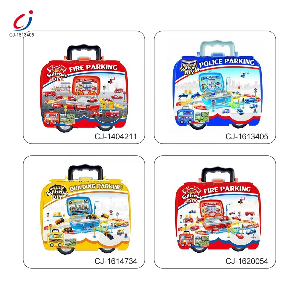 Plastic Kids Play Car Slot Diy Suitcase Police Parking Garage Set for Boys With Map