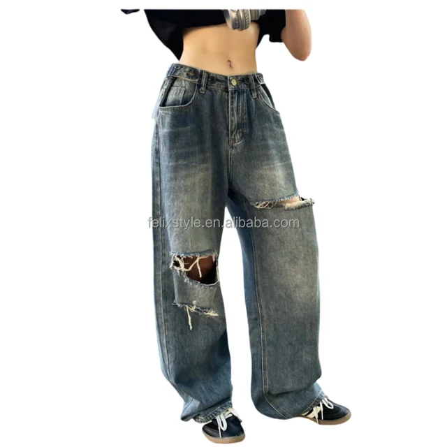 Women's American Retro Style Spring Street Fashion Versatile Loose Long Distressed Cotton Jeans Baggy Cargo Design