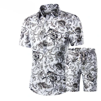 Vacation Hawaiian Shirt Set Logo Polyester Short Sleeve Silk Camp Custom Printed Hawaiian Button Up Shirt For Men