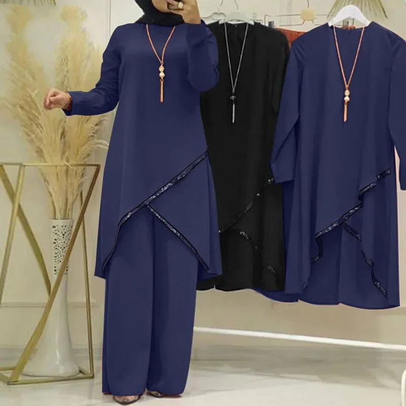 Wholesale Women's Islamic Clothing Set-O-Neck Top Trouser Solid Pattern Casual Style Arab Muslim Abaya for Summer 2 Pieces