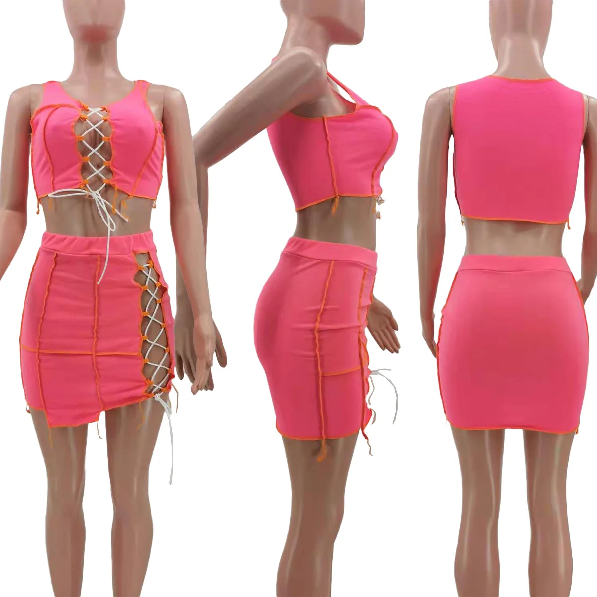 TK6161 Spring and summer two-piece ladies suit sexy strappy sleeveless woven vest over-the-knee lace mini skirt fashion casual
