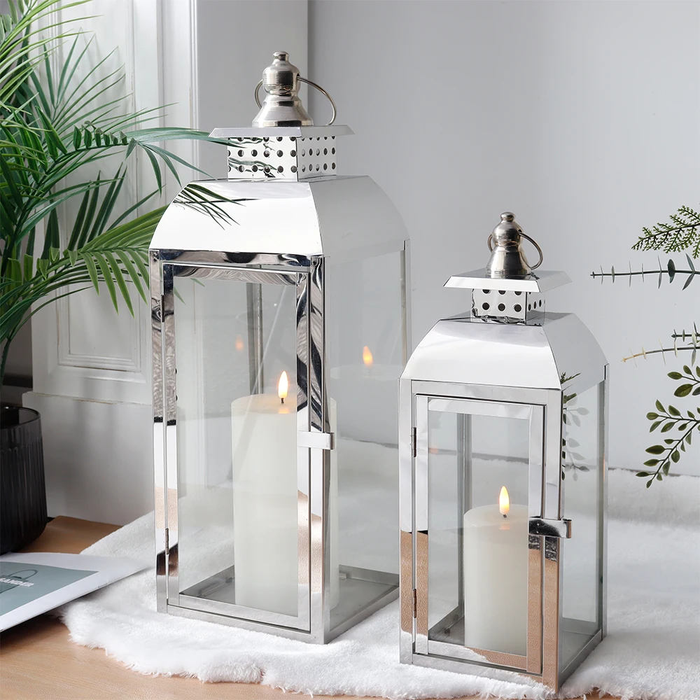 Silver Stainless Steel Lantern Set - Elegant Outdoor Indoor Candle Holder  for Weddings \u0026 Christmas Decor, image size:1000x1000