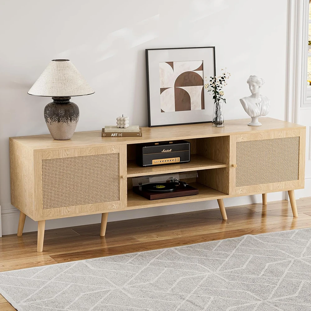 Modern Media Console for TVs up to 65'' Entertainment Center with Rattan Door 2 MDF Cabinets for Living Room Bedroom supplier