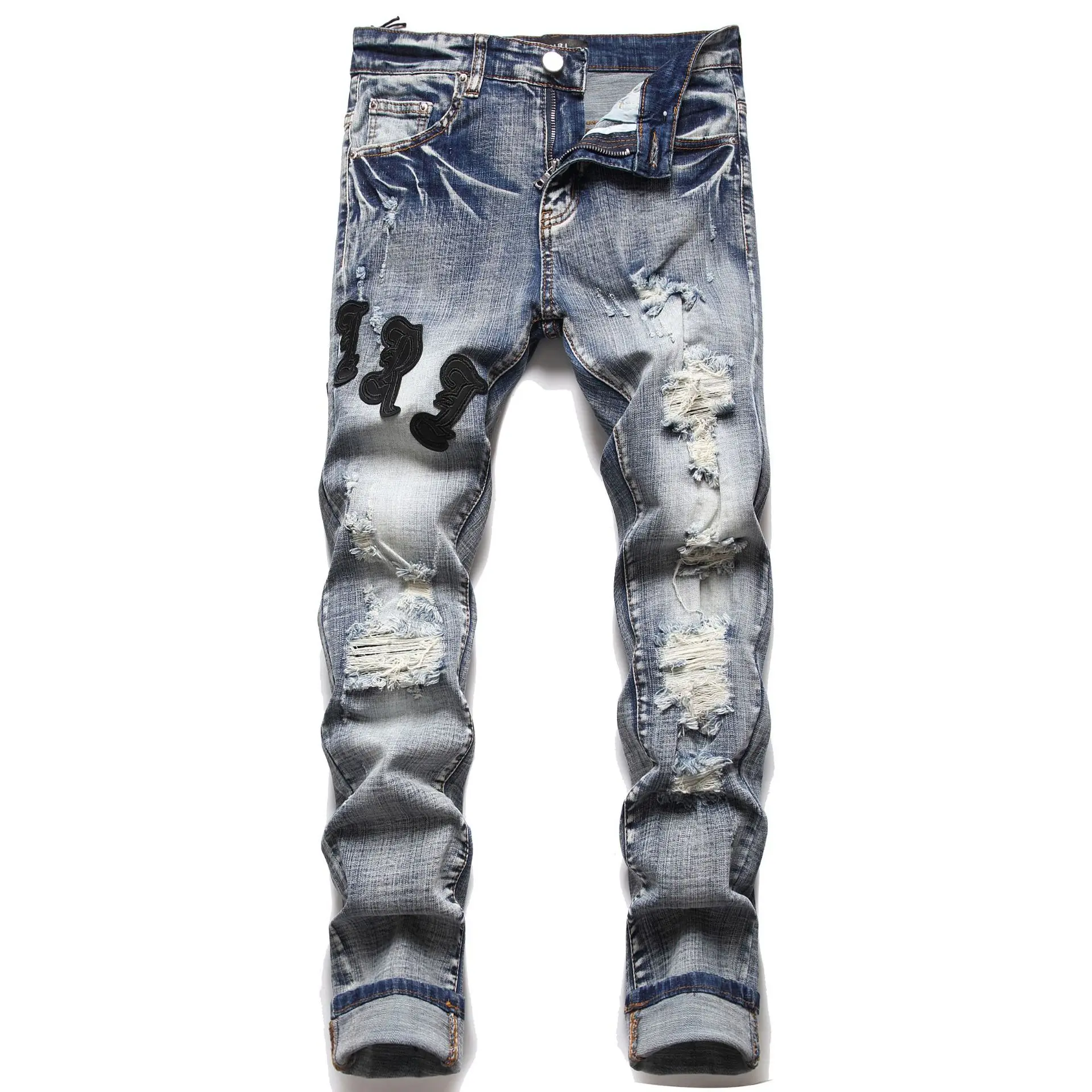 Oem Custom High Street Embroidery Ripped Denim Jeans Vintage Stacked ...