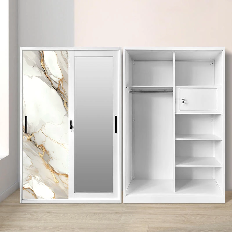 Two-Door Sliding Metal Closet with Mirror for Bedroom Organization