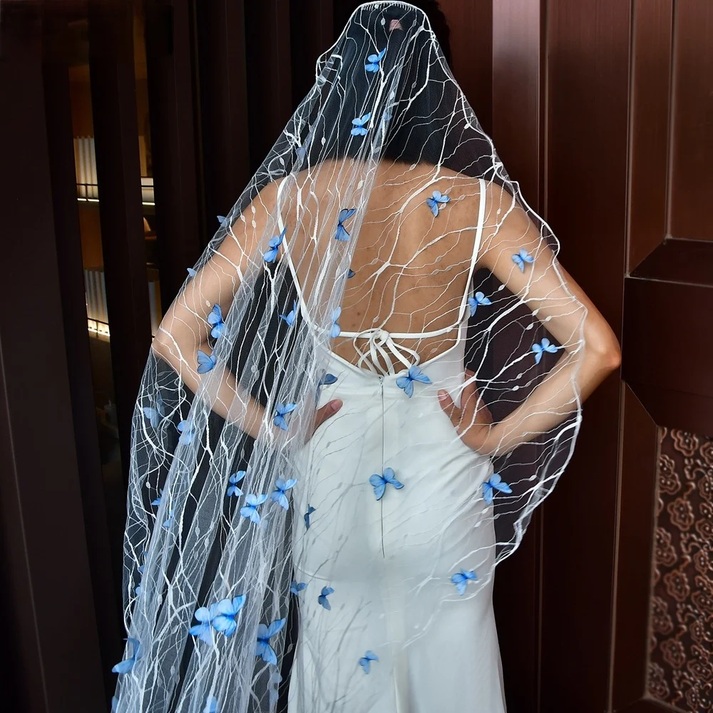 2024 Fashion Illusion Wedding Veils - 3D Appliques Blue  display picture 1