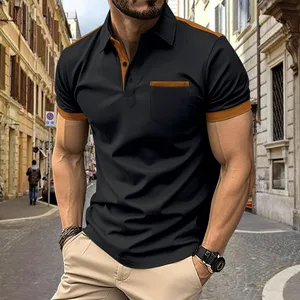 2025 Summer Men's Casual Chest Pocket Lapel Button Patchwork Versatile T-shirt