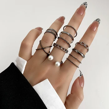 FINTOO Punk Geometric Black Ring Set Women Hip Hop Metal Rings 2022 Trend Minimalist Jewelry Party Favors