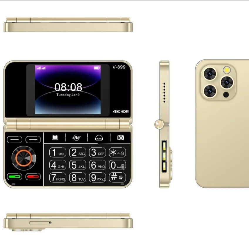 V8 Pro Folding Flip Feature Phone - 2G, Dual Sim, Multilingual