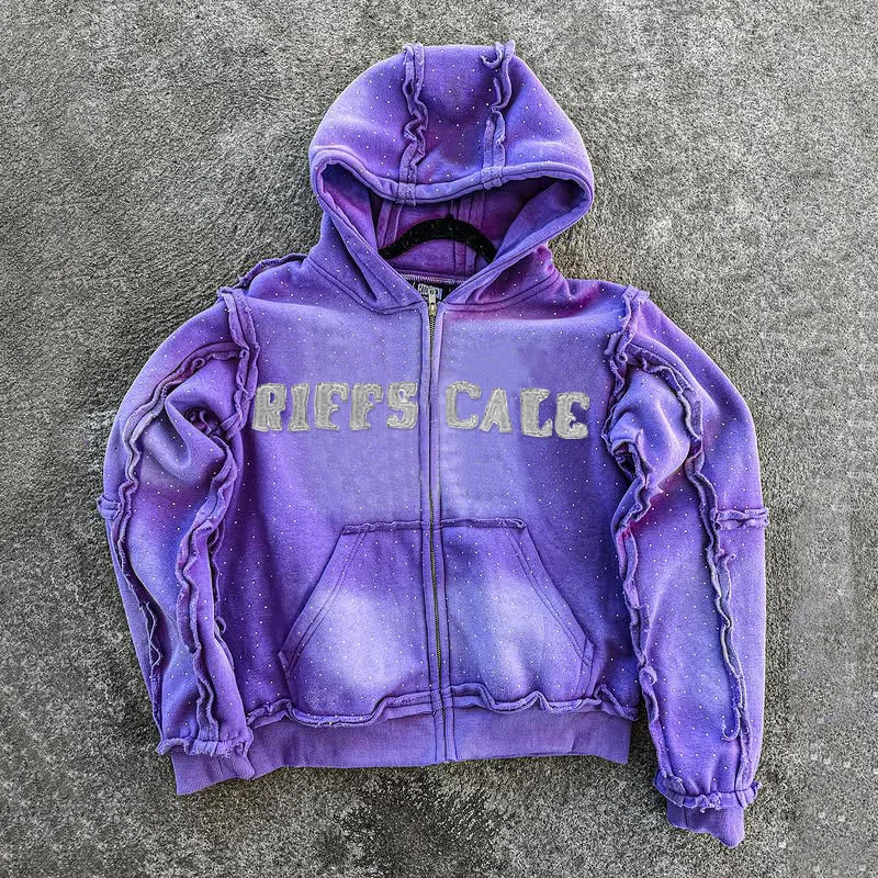 Custom Logo High Quality French Terry Rhinestone Sweatpants and Hoodie Jogger Set Zip up Acid Wash Sun Faded Hoodie Set Men gallery 2
