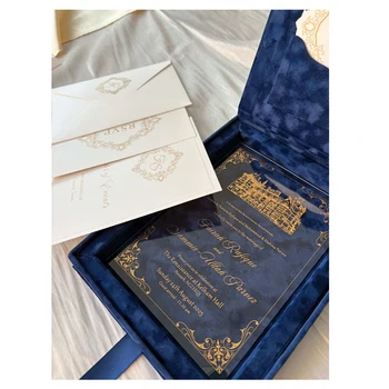 Luxury Quinceanera Invitations Sweet 16 Gold Foil Acrylic Invitation with Royal Blue Wedding Cards Gift Box