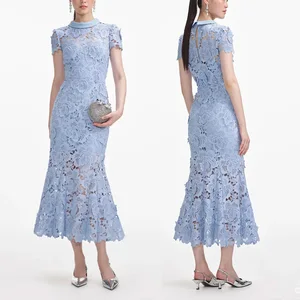 ZYHT 70143 New Arrivals Midi Party Summer Short Sleeve Sheer Floral Summer Blue Dress for Women Elegant Mermaid Lace Dresses