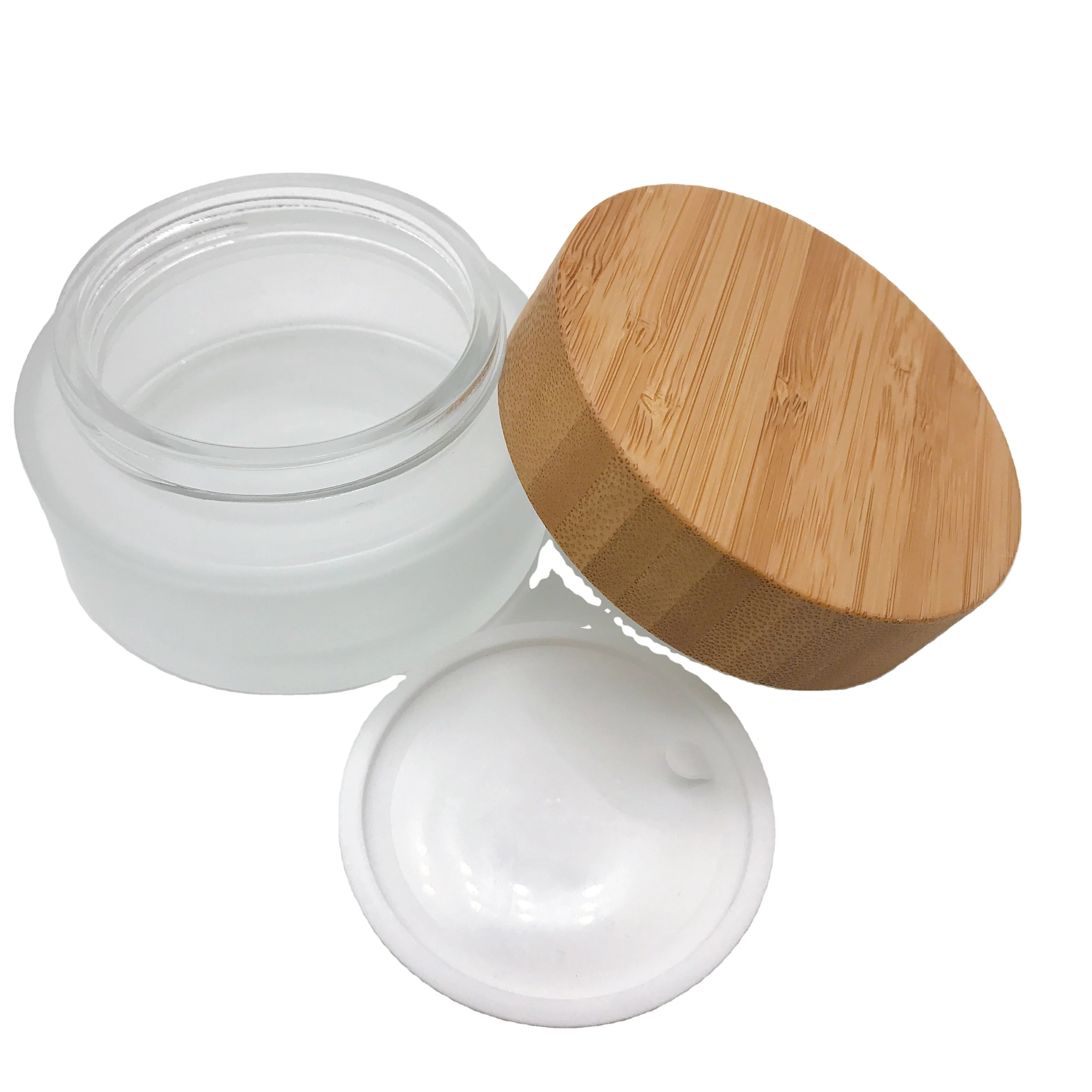 Customized Thick Bottom Small 5G 20G 30G 50G 100 Ml 200Ml Cosmetic Wooden Wood Bamboo Lids Cap Cosmetic Frosted Clear Glass Jars