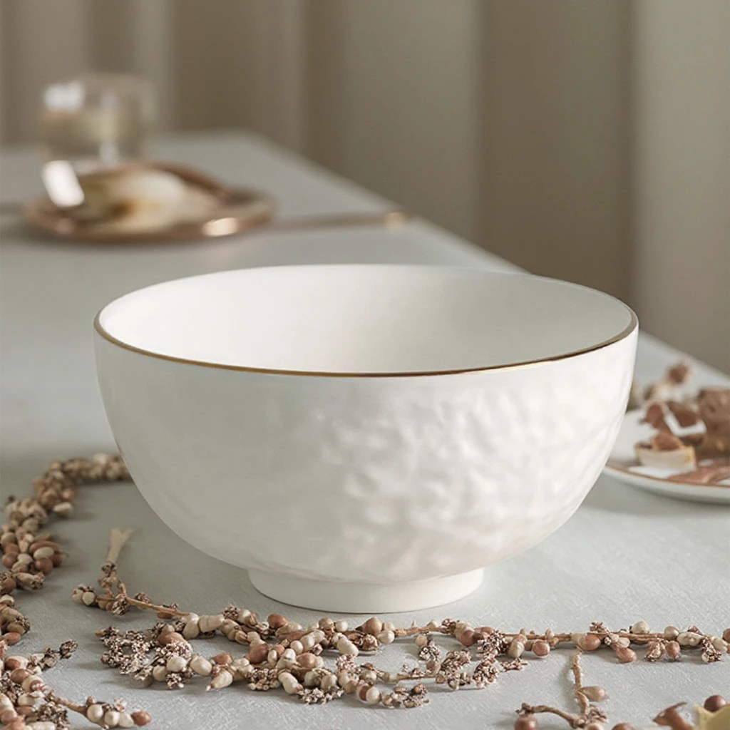 High Quality Modern Style Set of 4 White Relief Ceramic Bowls Eco-Friendly Gold Rim for Salad Soup Commercial Buyer Food Purpose factory
