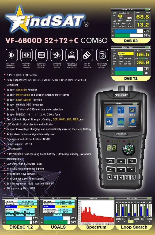 Misuratore Di Campo VF 6800P – Trova Satellite DVB-S2/T2/C, Con Schermo LCD 2,4” E Spettro, Per Installazione Parabola - 2