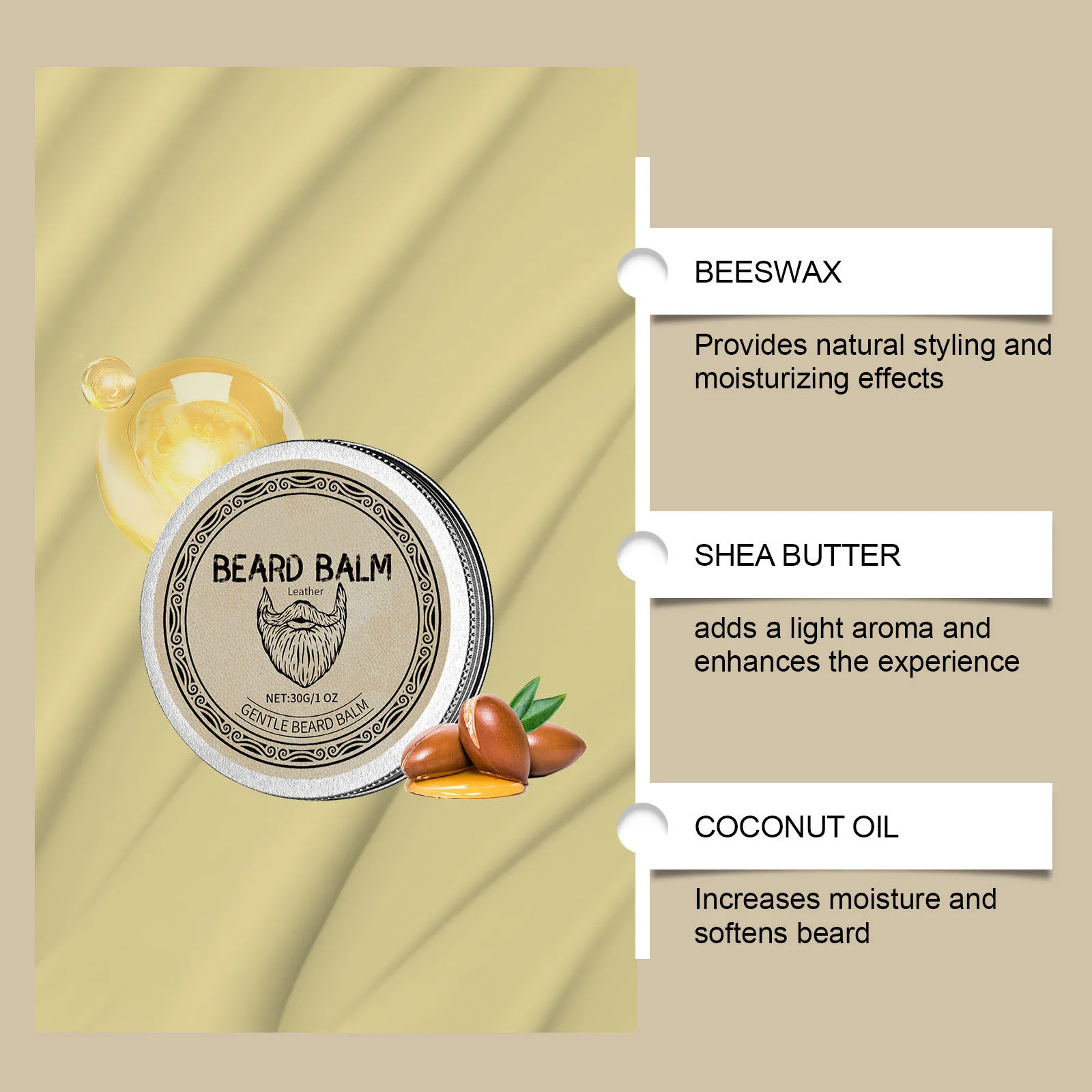 Private Label All Natural Ingredients Moisturizing Strong Hold Beard Balm Cream Hair Moustache Wax for Men