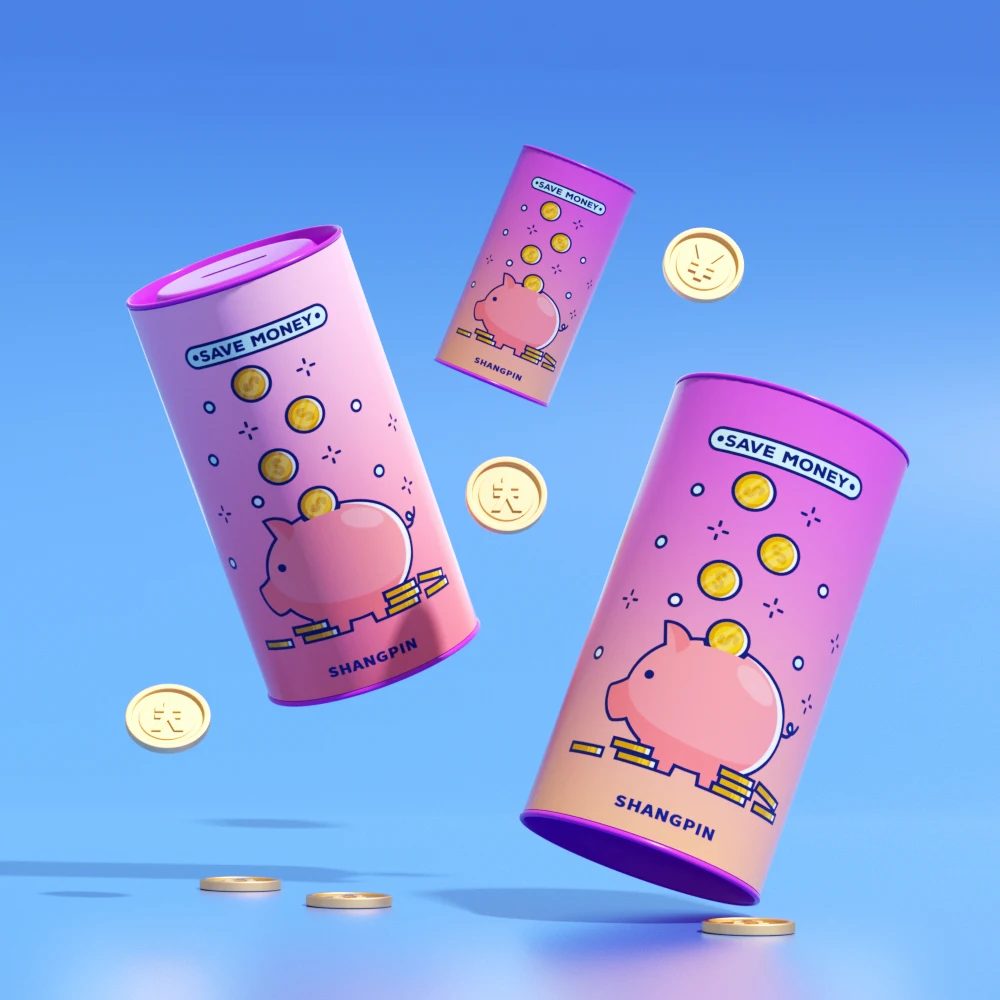 Promotional Cartoon Pattern Round Gift Paper Tube Double Side Open Coin Bank Piggy Bank Can Packaging Tube With Slot Metal Lid