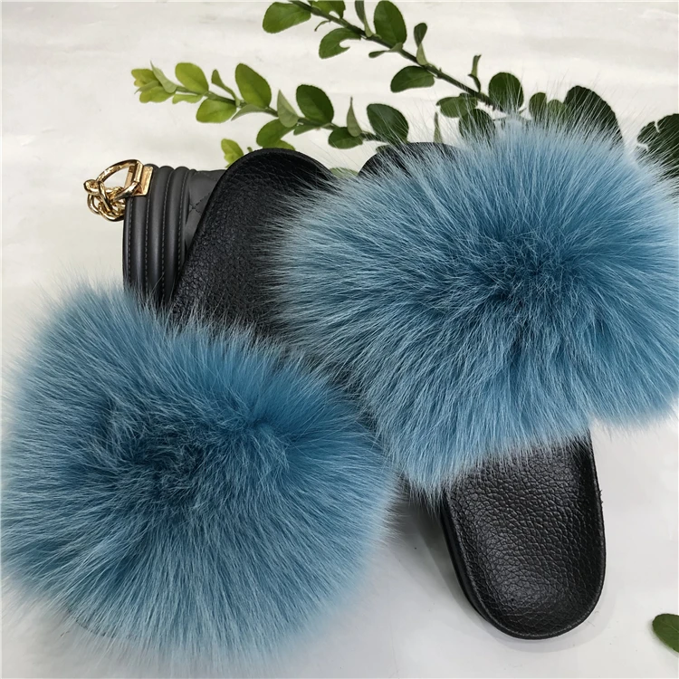 2020 Wholesale Ladies Fur Slippers Real Fox Fur Slides