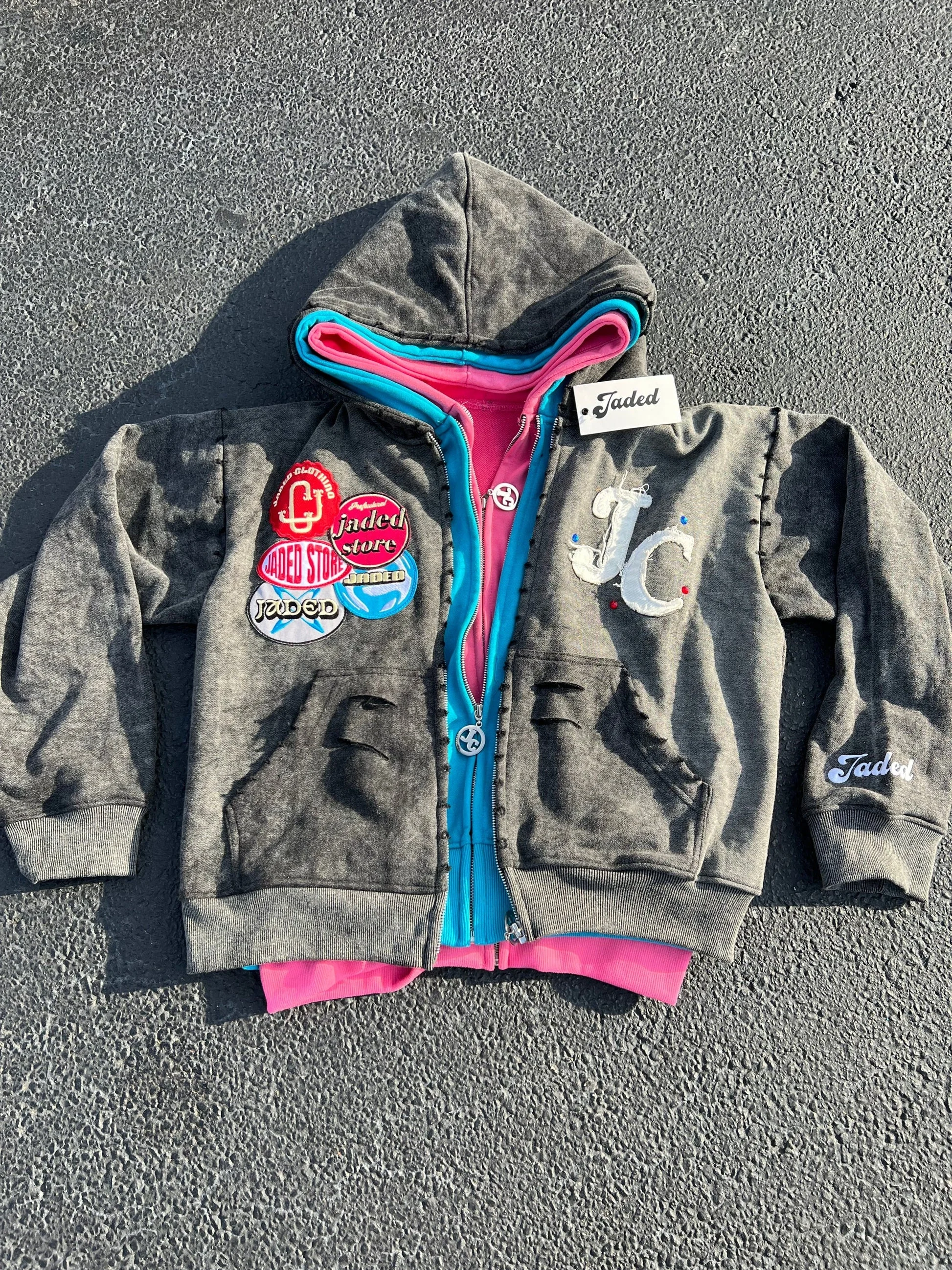 Salati Hoddies Clothing Manufacturer Thick Oversized Triple Layered Patch Embroidery Zip up Stone Acid Wash Jackets Hoodies Men gallery 2