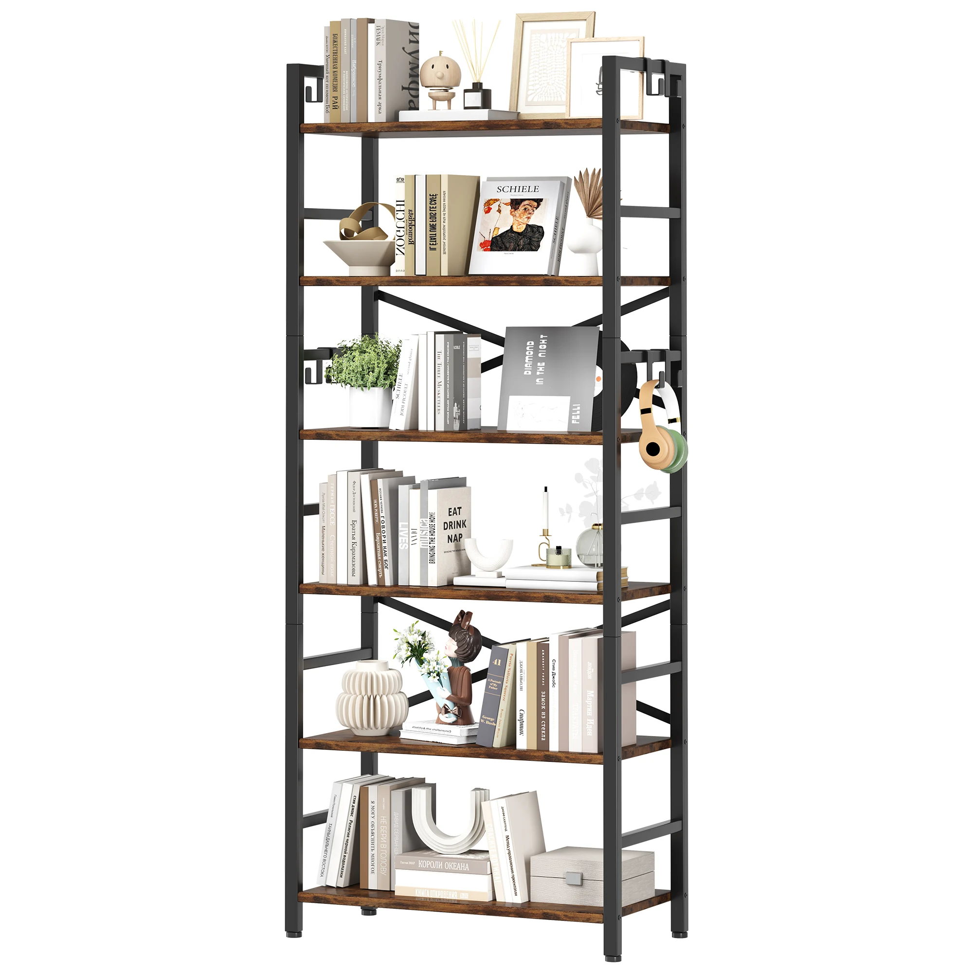 6 Tier Modern Adjustable Height Bookshelf with 8 Hooks Open Shelves Standing Metal Frame Display Rack for Living Room Bedroom