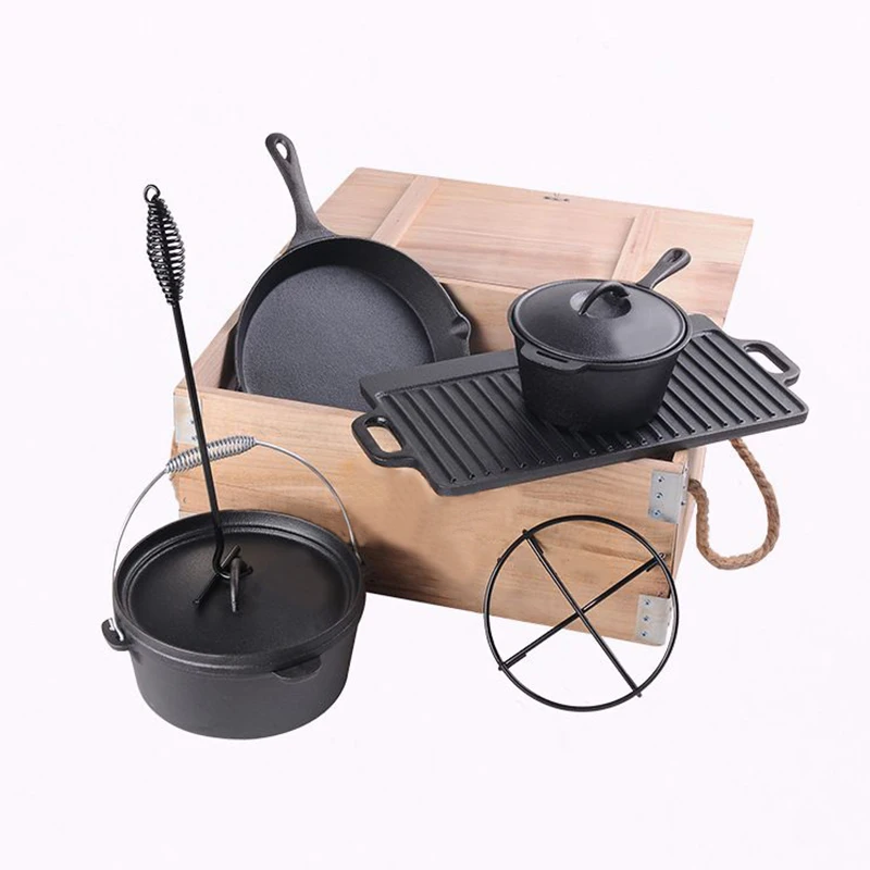 7 Piece Preseasoned Cast Iron Camping Cookware Set Uk In Wooden Box