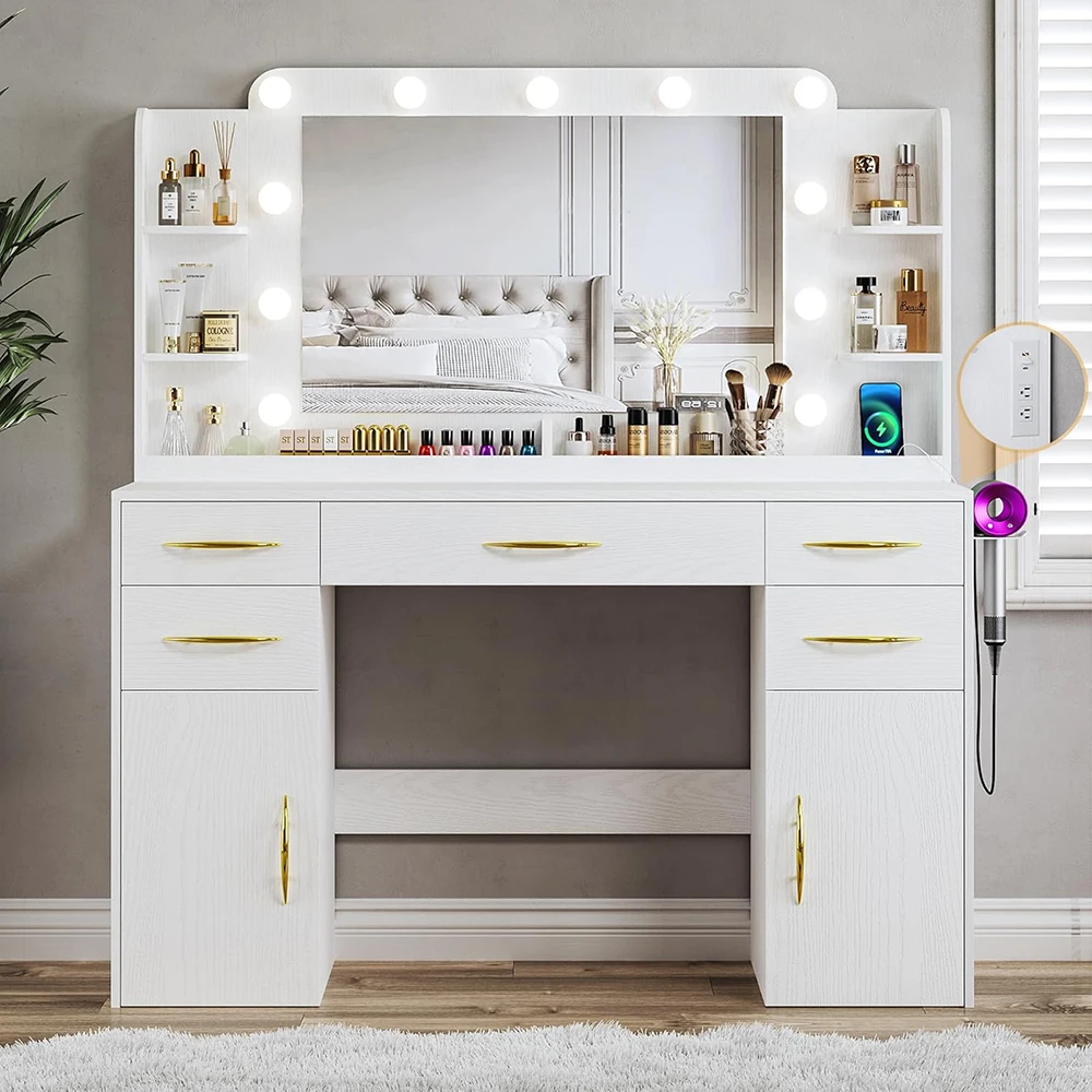 Escritorio de Maquillaje Grande de Madera para Dormitorio con 5 Cajones, 2 Gabinetes y Estanterías, 3 Modelos con Luces y Tomacorrientes