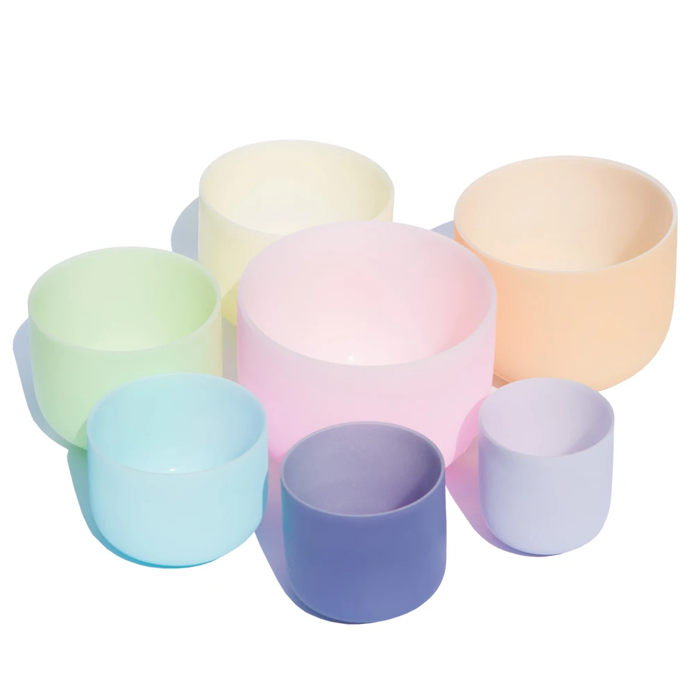 Hazy Series Colors  Chakra Singing Bowl Set Sound Healing Healthy Free Mallets and O Rings Frosted Crystal Singing Bowls