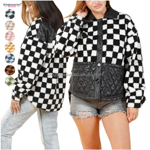 Winter Quilted Coats Jacket Ladies Custom Embroidery Shacket Checked Plus Size Jackets Plaid Fleece Coat for Women