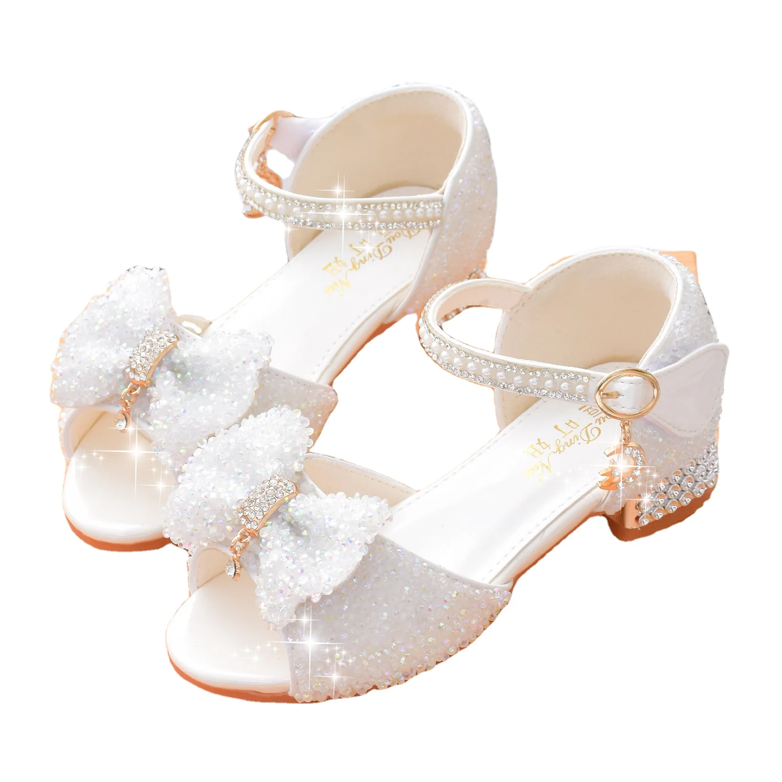 Summer Girls Glitter Crystal Dress Shoes White Sparkly Bow Sandals Soft  Sole Chunky Heel For Princess Party Performance