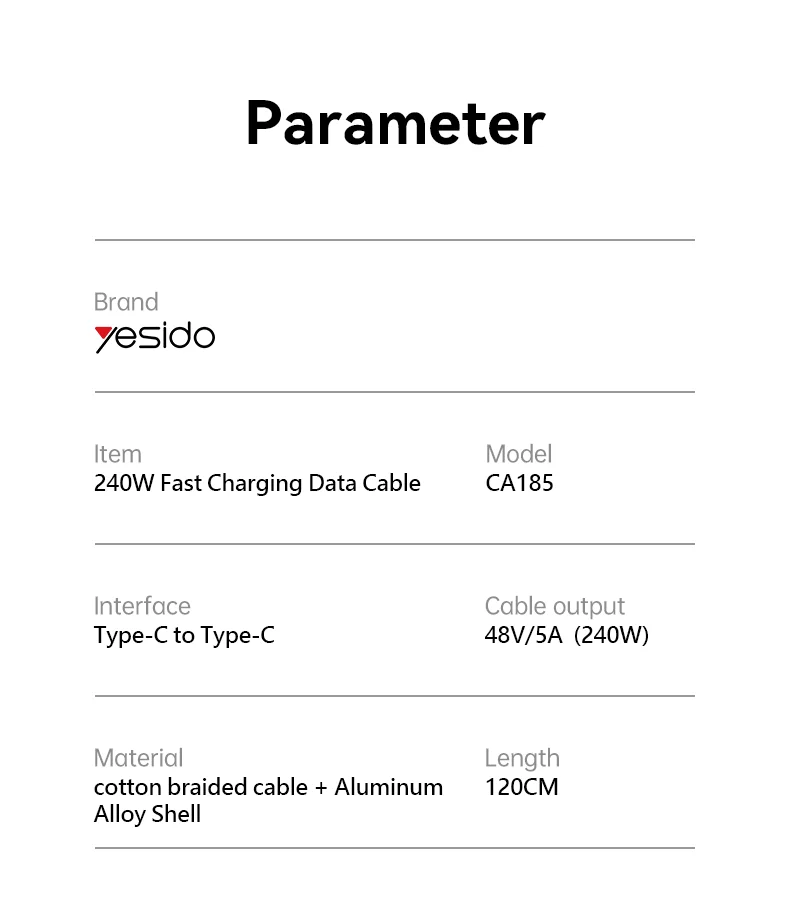 Yesido CA185 1.2 Meter 240W Type-C to Type-C Support USB2.0 Data Transfer Fast Charging Data Cable