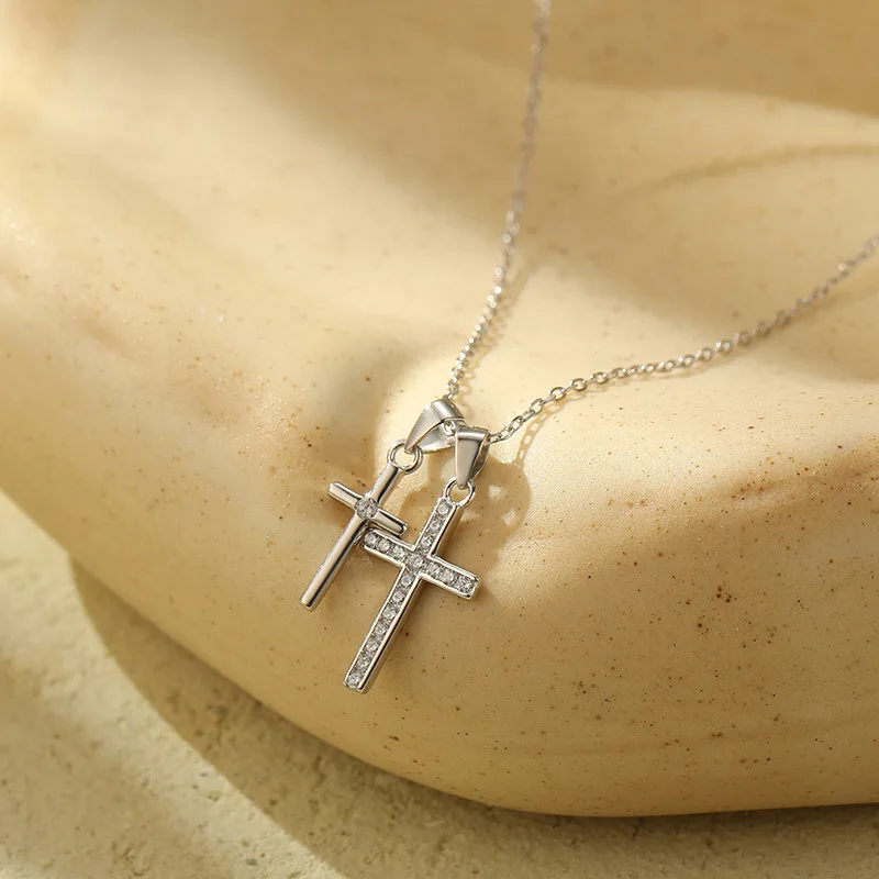 Double Cross Necklace - 925 Sterling Silver & Gold Plated