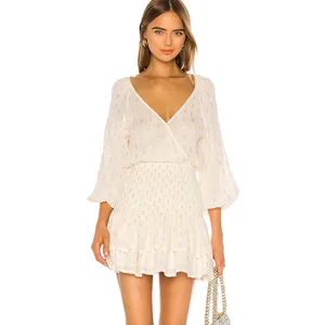 2026 Summer Customize New Design Casual Long Sleeves Smocked Waist Boho Mini Ruffles Dress for Women
